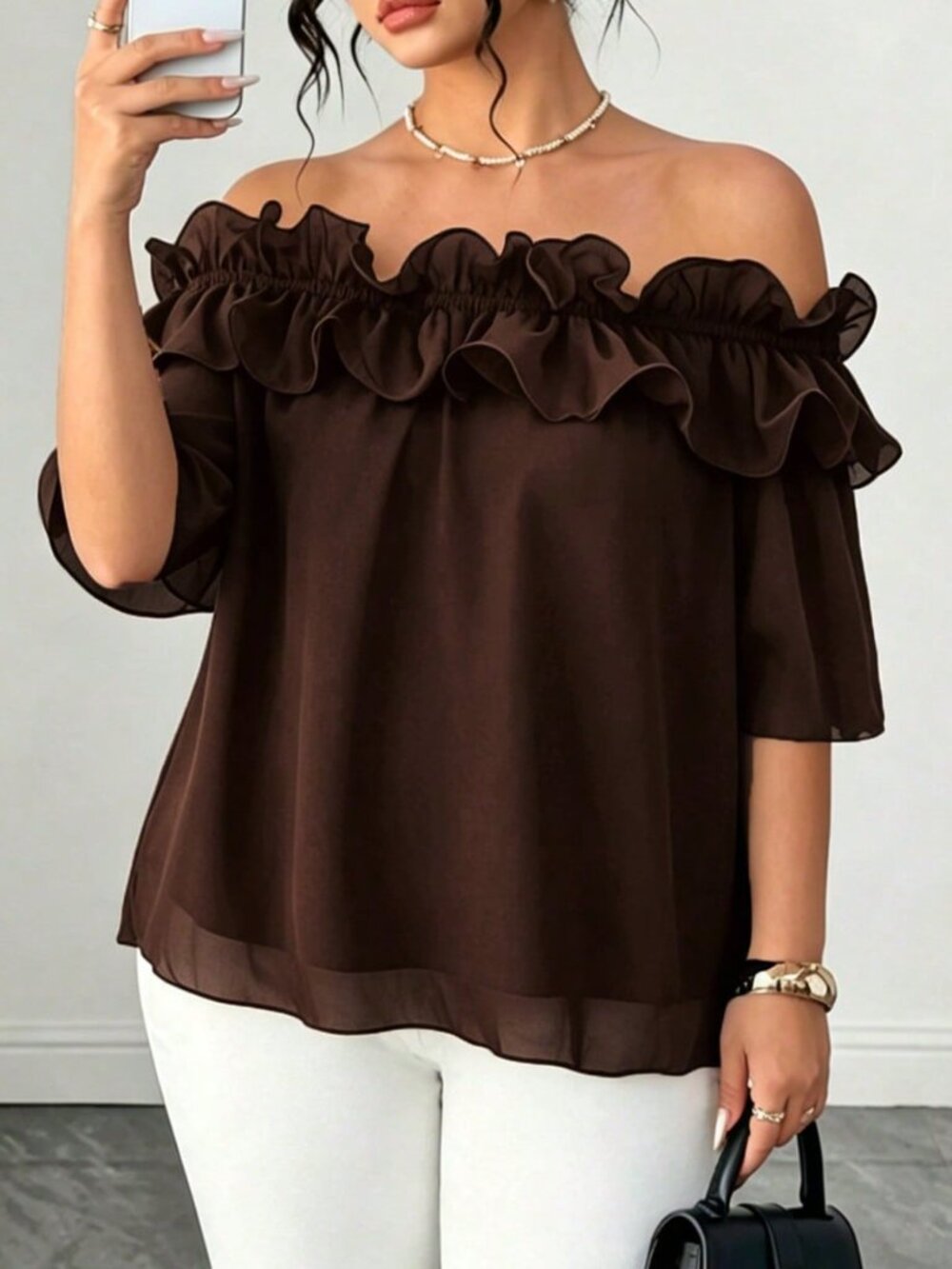 Brown Casual Women's Ruffle Hem Short Sleeve Ruffle Chiffon Top